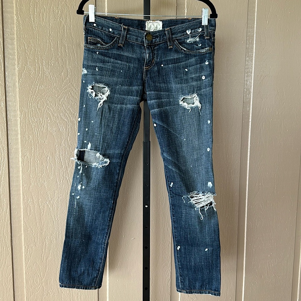 Current/Elliott Skinny Distressed Paint Splatter Jean